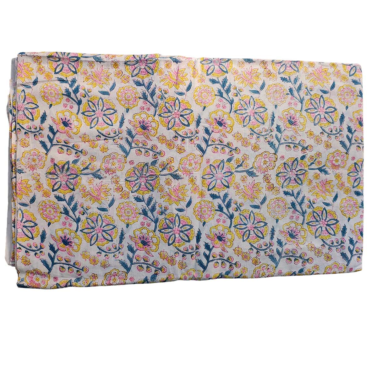 Sanganeri Hand Block Print Cotton Fabric – Blue, Yellow And White Floral Print