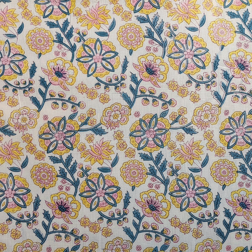 Sanganeri Hand Block Print Cotton Fabric – Blue, Yellow And White Floral Print