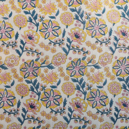 Sanganeri Hand Block Print Cotton Fabric – Blue, Yellow And White Floral Print