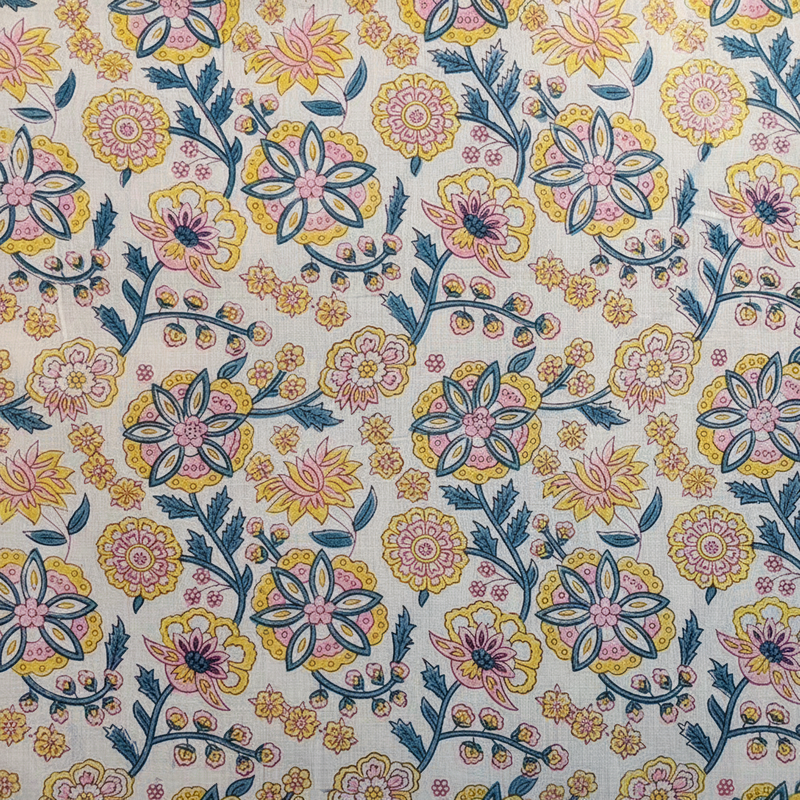 Sanganeri Hand Block Print Cotton Fabric – Blue, Yellow And White Floral Print