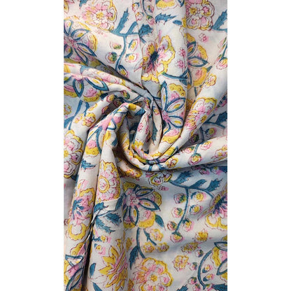 Sanganeri Hand Block Print Cotton Fabric – Blue, Yellow And White Floral Print