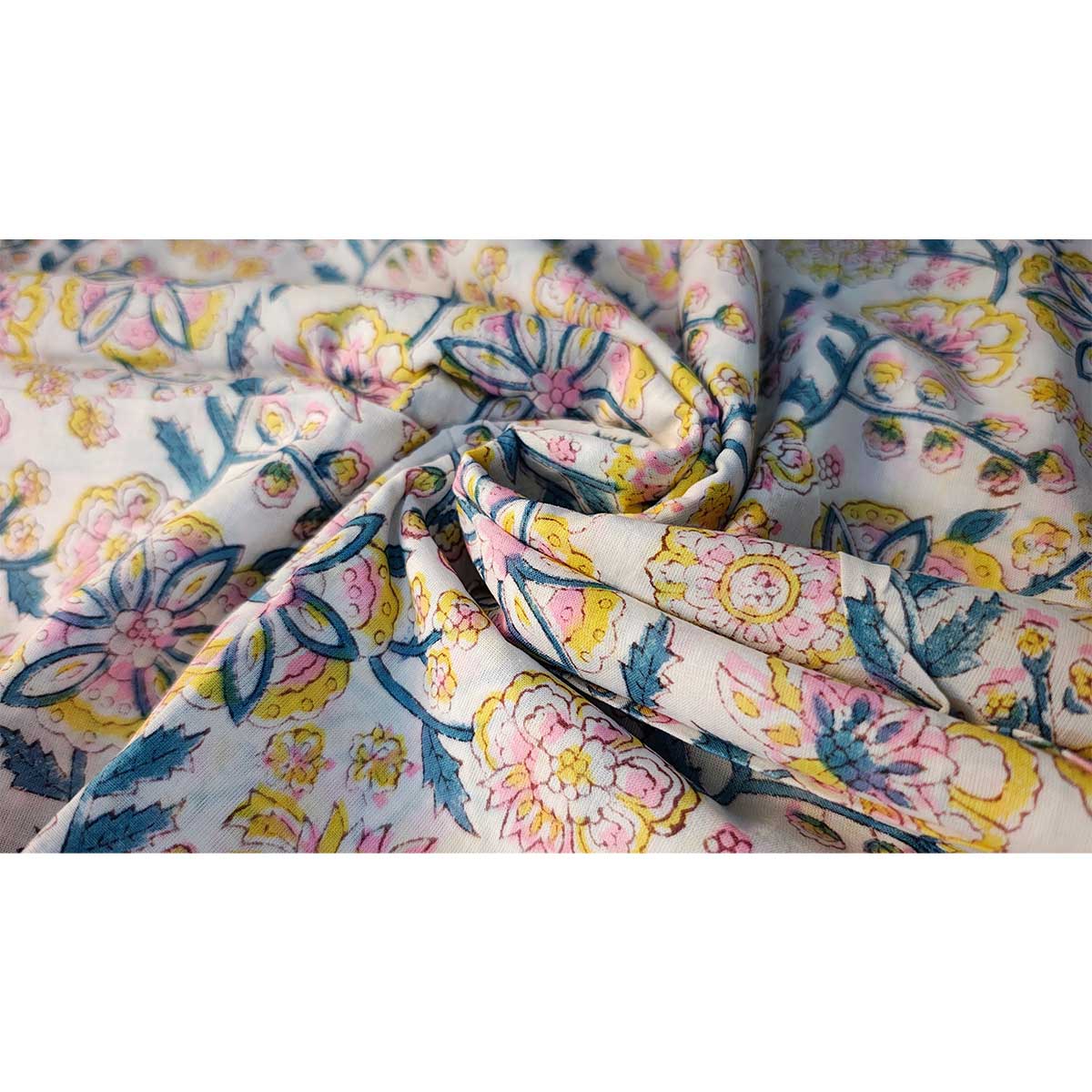 Sanganeri Hand Block Print Cotton Fabric – Blue, Yellow And White Floral Print