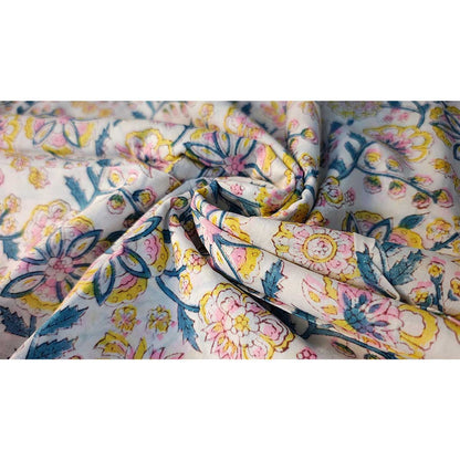 Sanganeri Hand Block Print Cotton Fabric – Blue, Yellow And White Floral Print