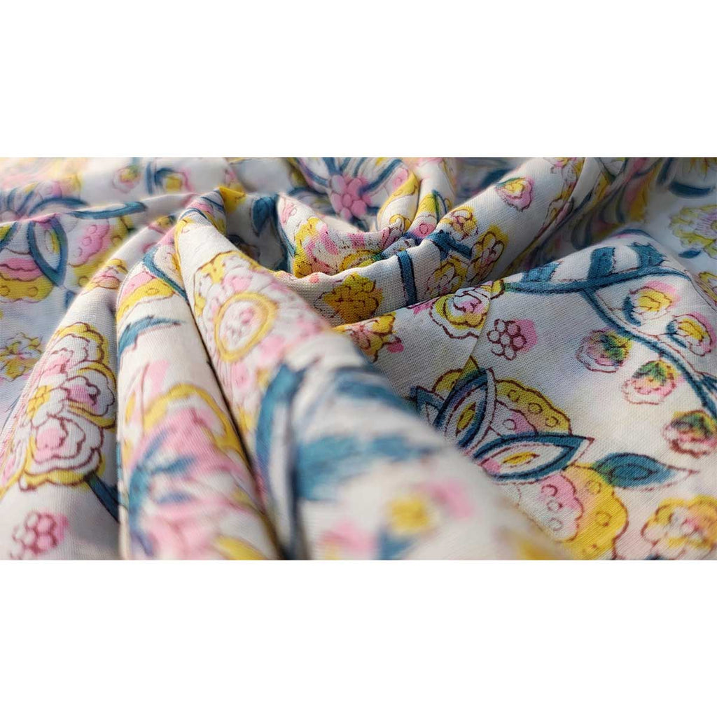 Handmade Bagru Print Textile – Blue ,Yellow And White Floral Print Cotton Material
