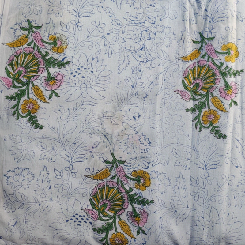 Sanganeri Hand Block Print Cotton Fabric – Teal Blue And Red Floral Print