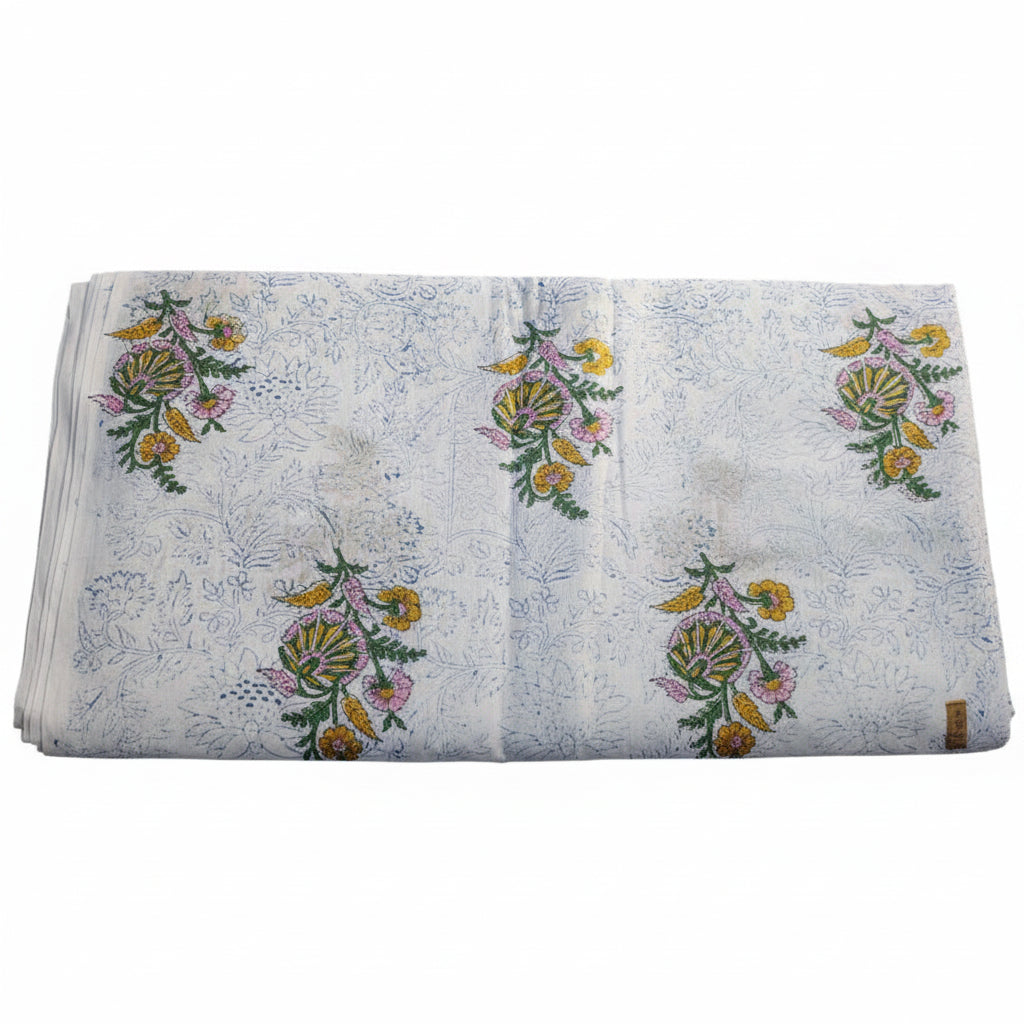 Sanganeri Hand Block Print Cotton Fabric – White Floral Print
