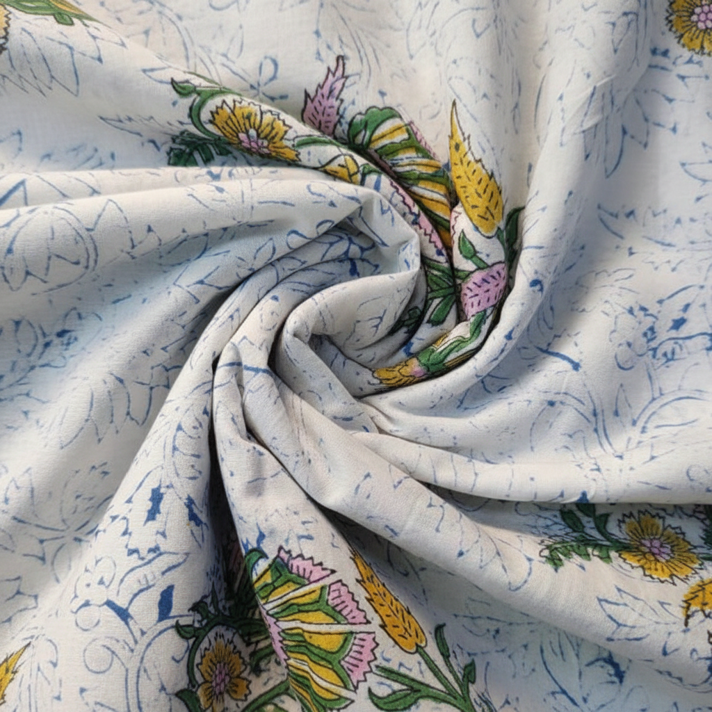 Sanganeri Hand Block Print Cotton Fabric – White Floral Print