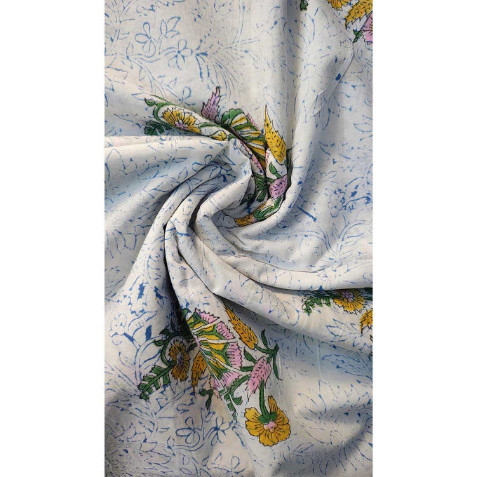 Handmade Bagru Print Textile – White Floral Print Cotton Material