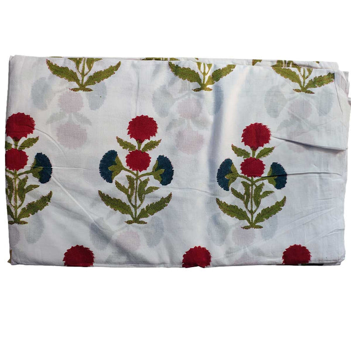 Handmade Bagru Print Textile – White And Red Floral Print Cotton Material