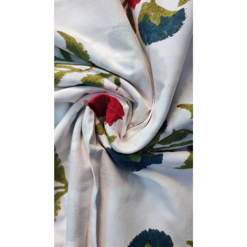 Sanganeri Hand Block Print Cotton Fabric – White And Red Floral Print