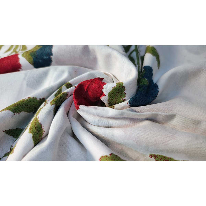 Handmade Bagru Print Textile – White And Red Floral Print Cotton Material