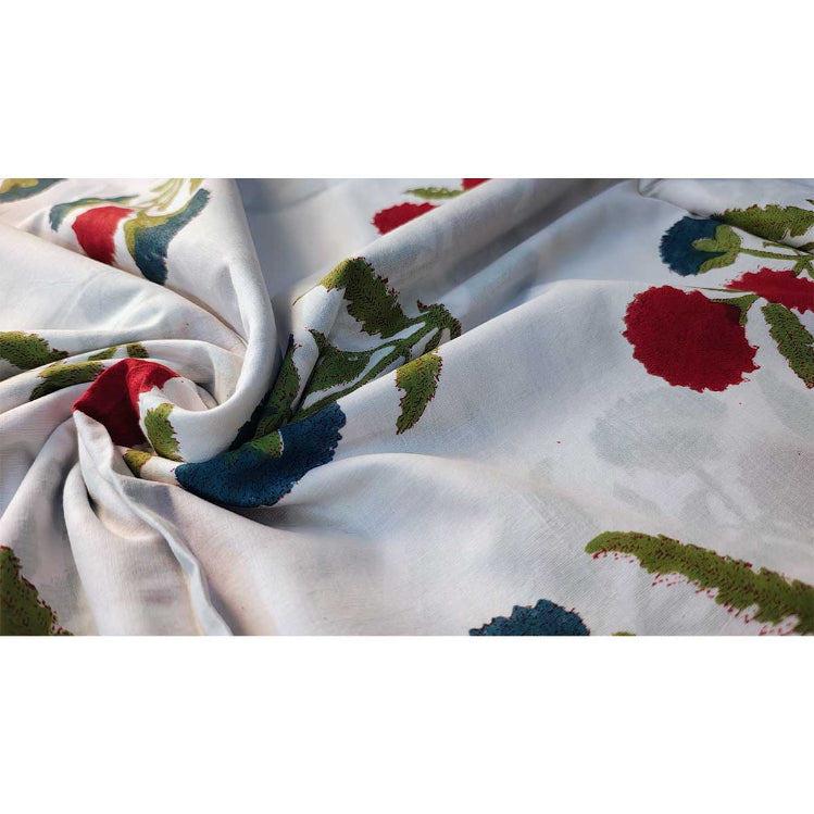 Sanganeri Hand Block Print Cotton Fabric – White And Red Floral Print