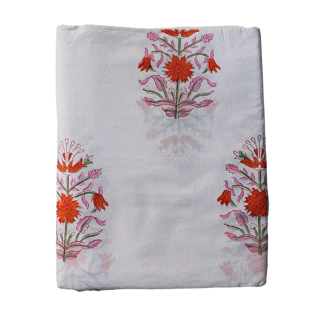 Handmade Bagru Print Textile – White And Orange Floral Print Cotton Material