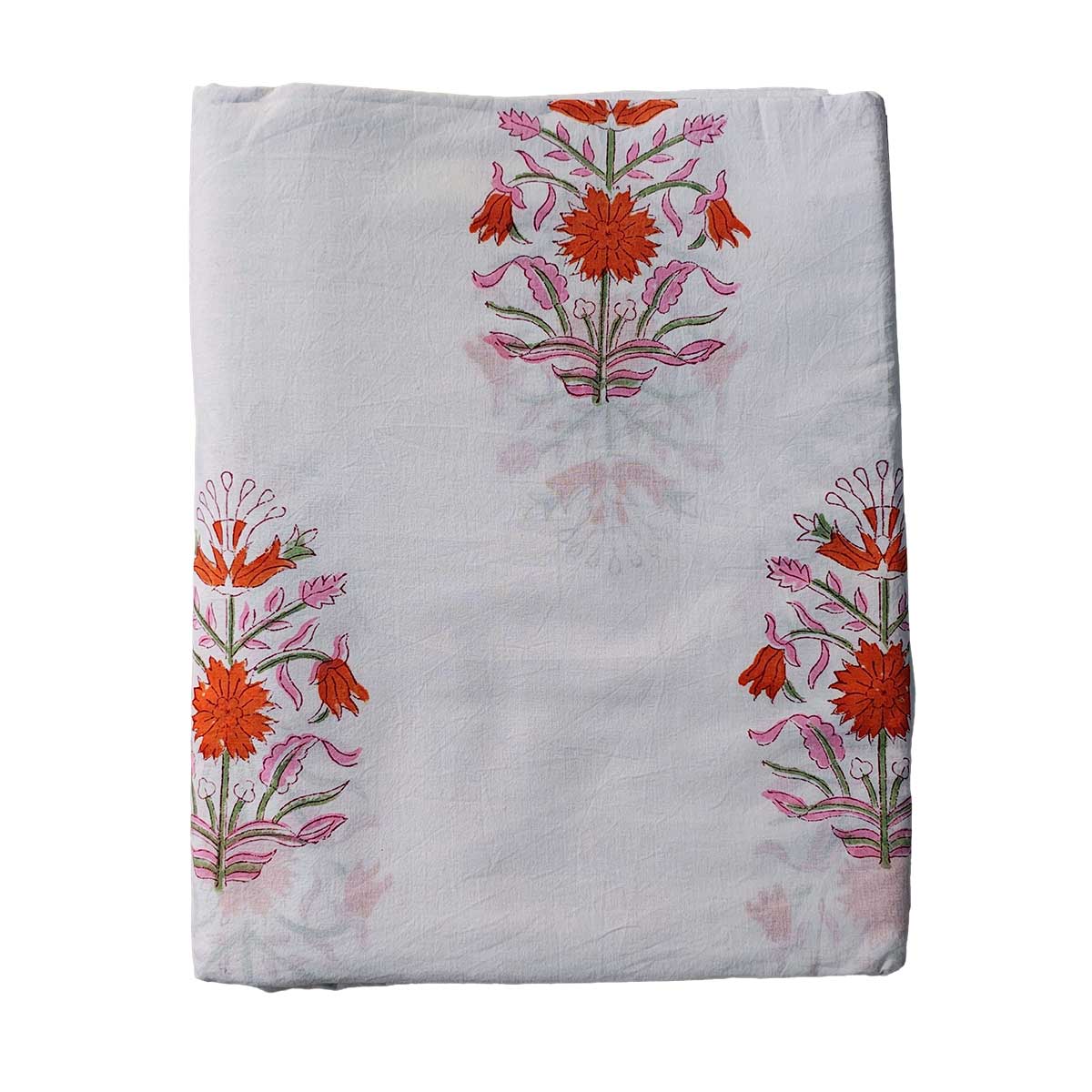 Handmade Bagru Print Textile – White And Orange Floral Print Cotton Material