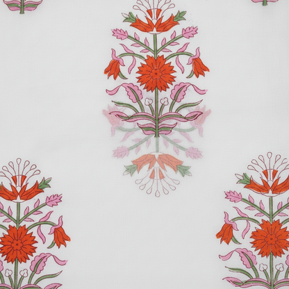 Sanganeri Hand Block Print Cotton Fabric – White And Orange Floral Print