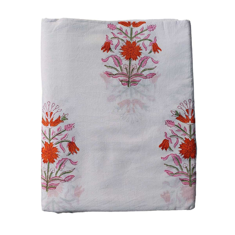 Handmade Bagru Print Textile – White And Orange Floral Print Cotton Material