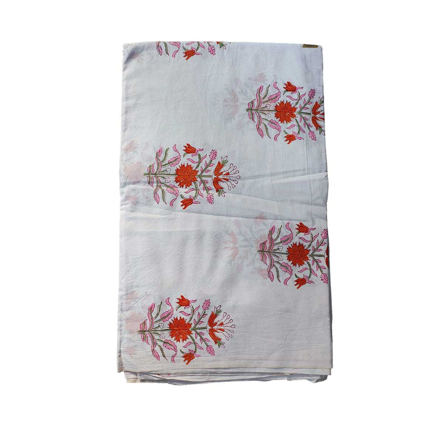 Handmade Bagru Print Textile – White And Orange Floral Print Cotton Material