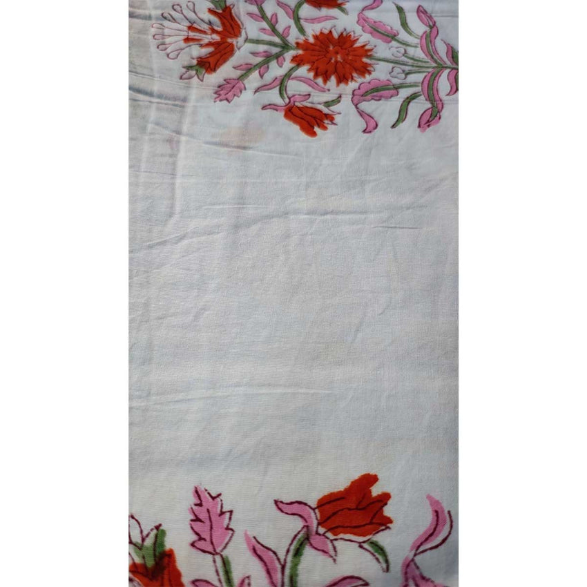 Handmade Bagru Print Textile – White And Orange Floral Print Cotton Material