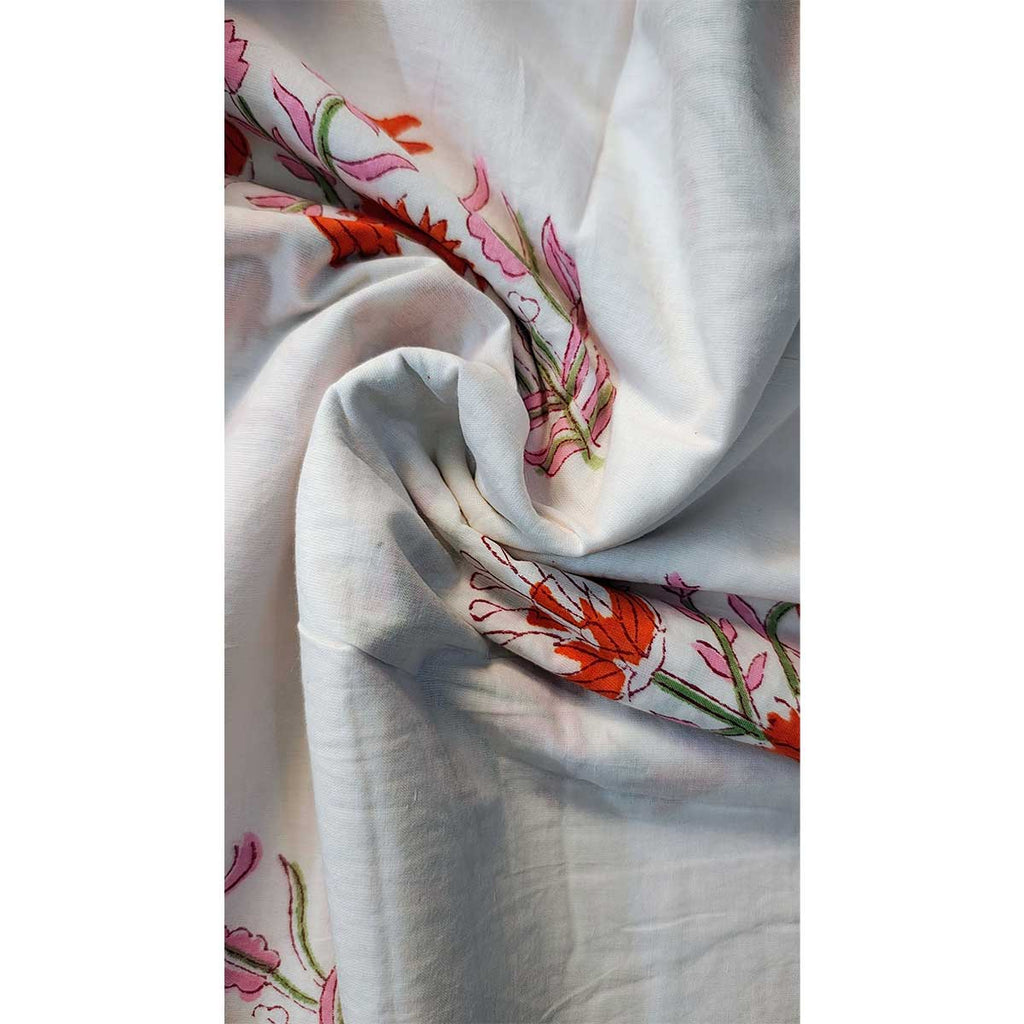 Handmade Bagru Print Textile – White And Orange Floral Print Cotton Material