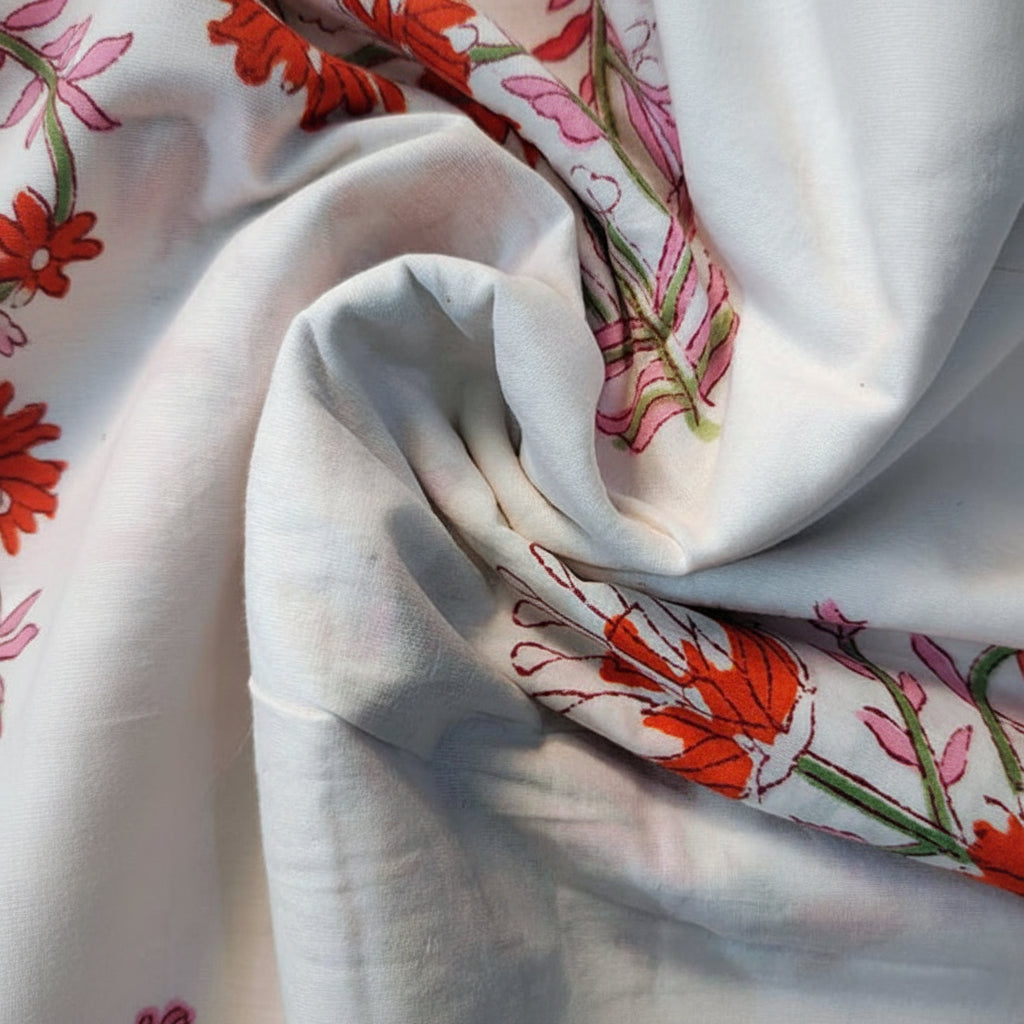 Sanganeri Hand Block Print Cotton Fabric – White And Orange Floral Print