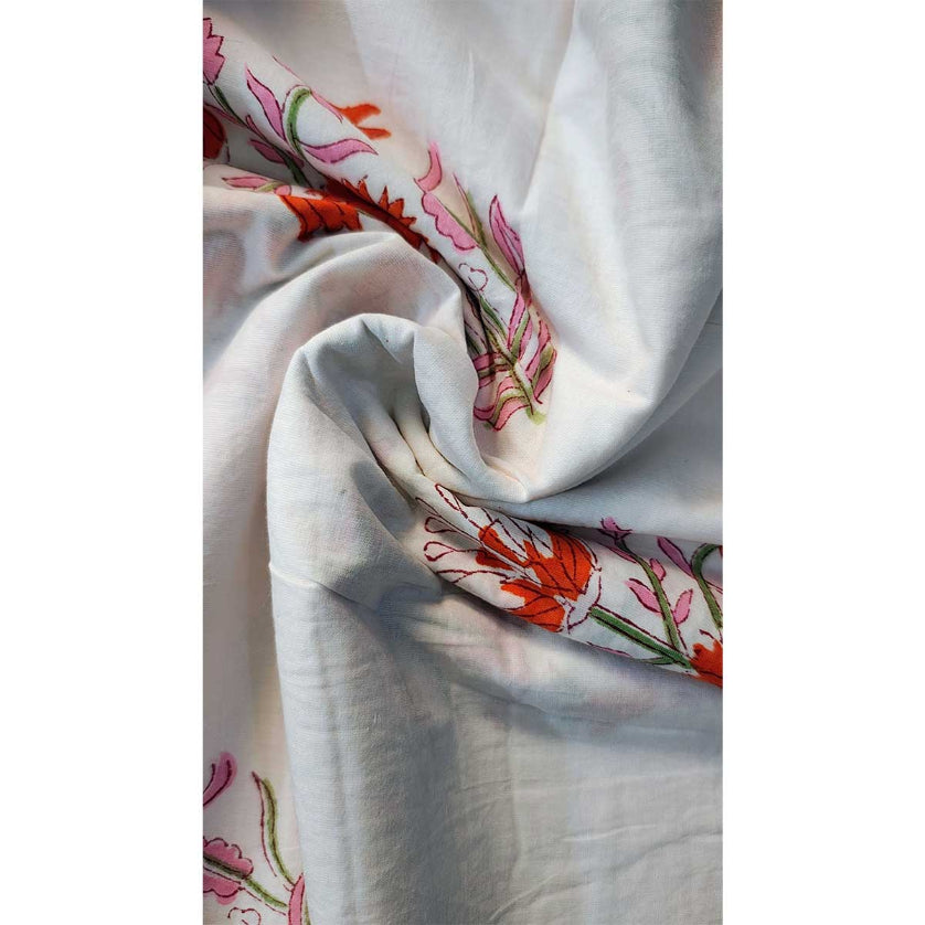 Handmade Bagru Print Textile – White And Orange Floral Print Cotton Material