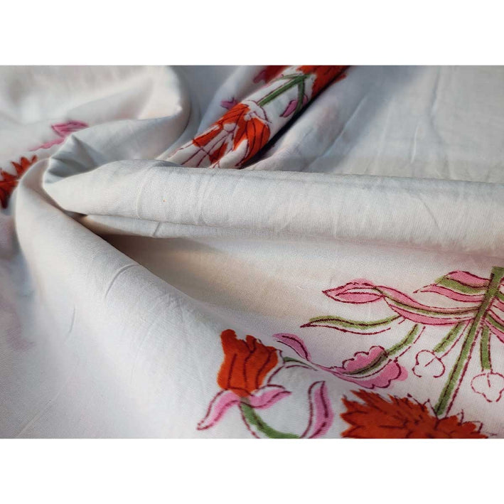 Handmade Bagru Print Textile – White And Orange Floral Print Cotton Material