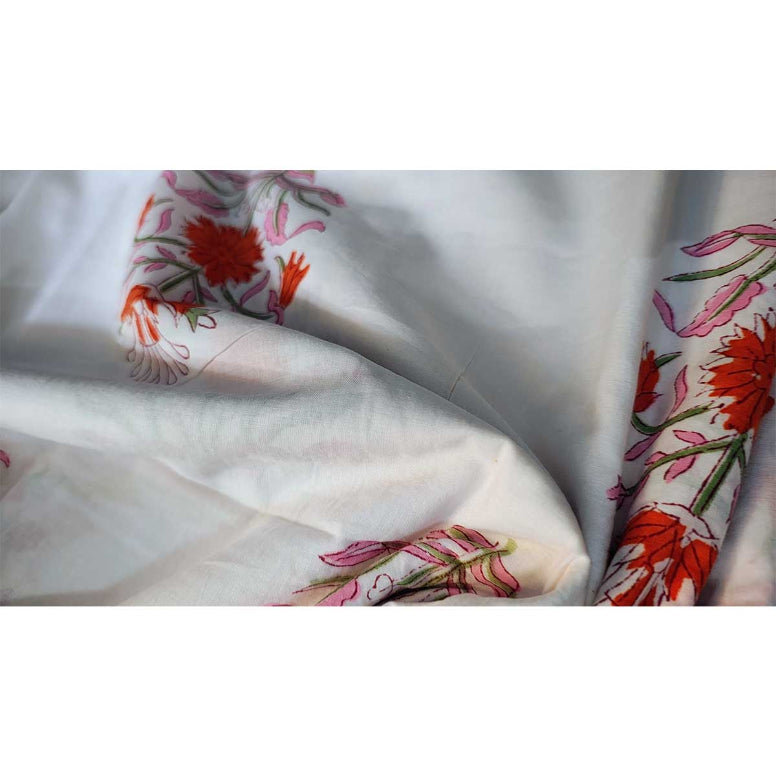 Sanganeri Hand Block Print Cotton Fabric – White And Orange Floral Print