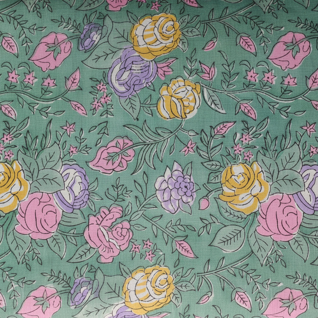 Sanganeri Hand Block Print Cotton Fabric – Mint Green Floral Print