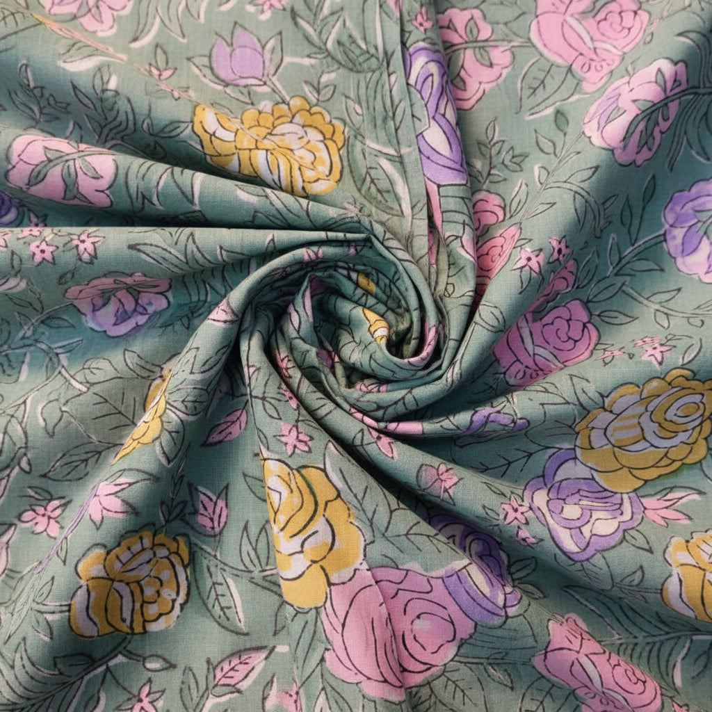 Sanganeri Hand Block Print Cotton Fabric – Mint Green Floral Print
