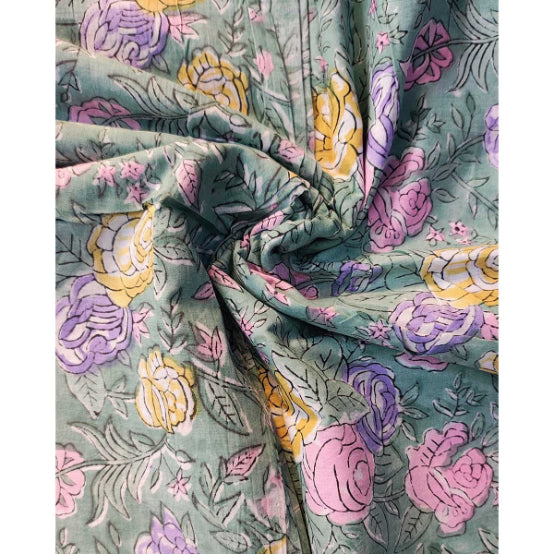 Handmade Bagru Print Textile – Mint Green Floral Print Cotton Material