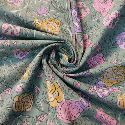 Sanganeri Hand Block Print Cotton Fabric – Mint Green Floral Print