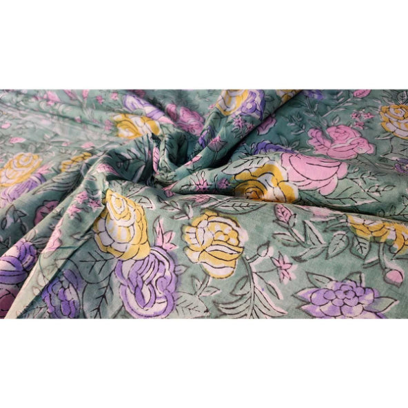 Handmade Bagru Print Textile – Mint Green Floral Print Cotton Material