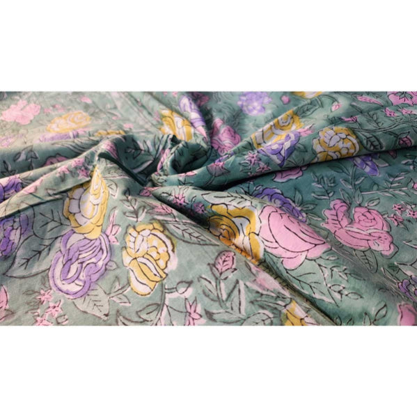 Handmade Bagru Print Textile – Mint Green Floral Print Cotton Material