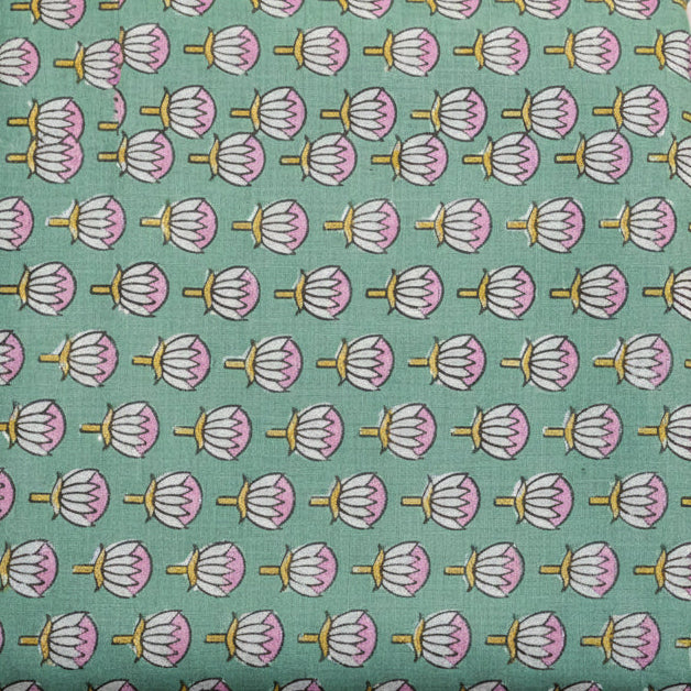Sanganeri Hand Block Print Cotton Fabric – Green Floral Print