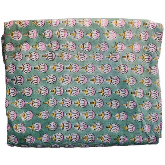Handmade Bagru Print Textile – Green Floral Print Cotton Material