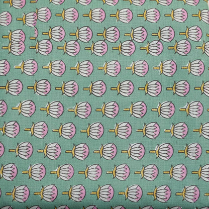 Sanganeri Hand Block Print Cotton Fabric – Green Floral Print