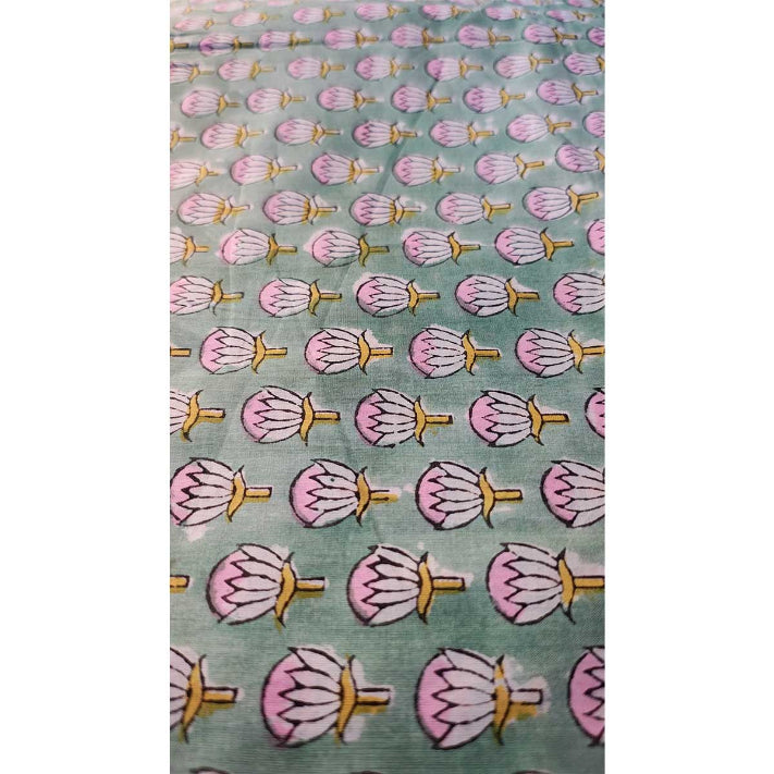 Handmade Bagru Print Textile – Green Floral Print Cotton Material