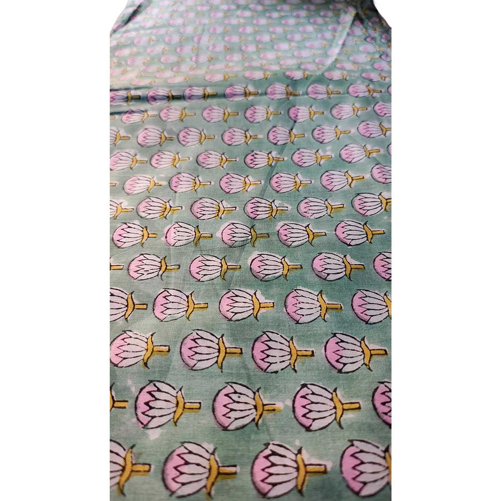Handmade Bagru Print Textile – Green Floral Print Cotton Material
