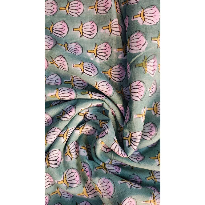 Sanganeri Hand Block Print Cotton Fabric – Green Floral Print