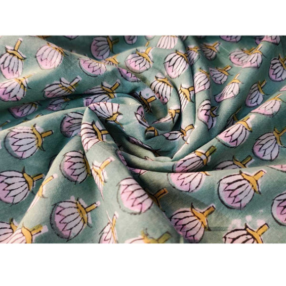 Sanganeri Hand Block Print Cotton Fabric – Green Floral Print
