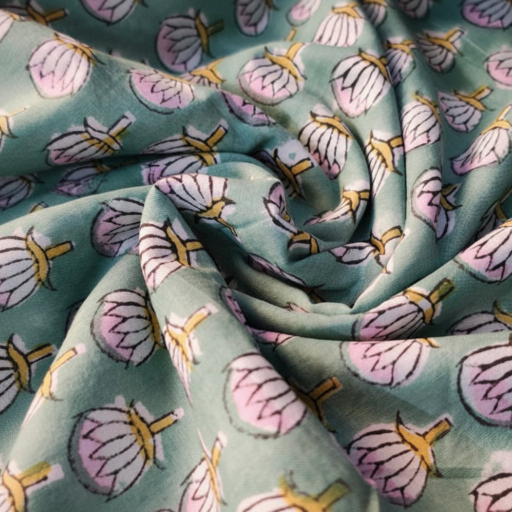Sanganeri Hand Block Print Cotton Fabric – Green Floral Print
