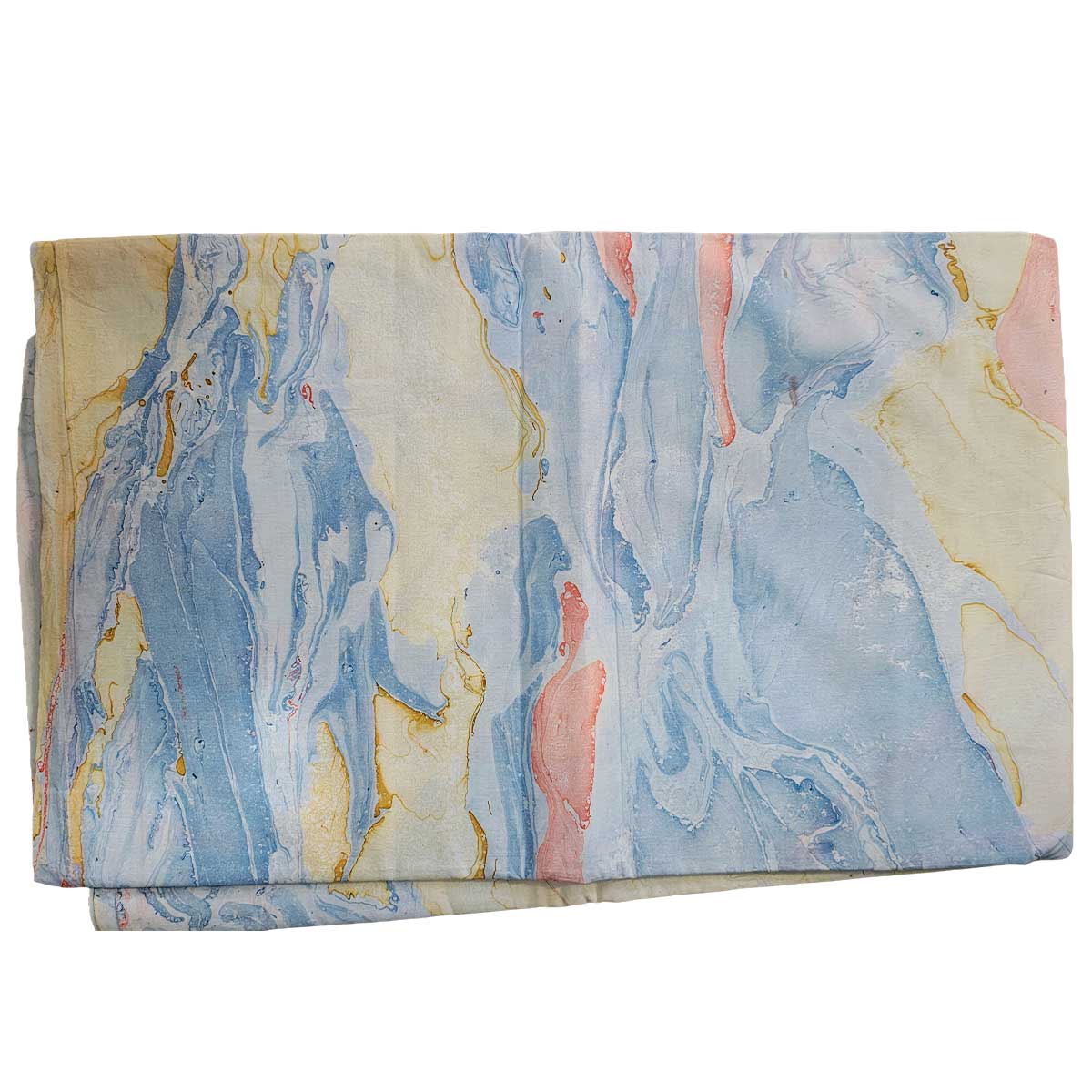 Folded fabric with abstract blue, pink, and gold pattern on a white background