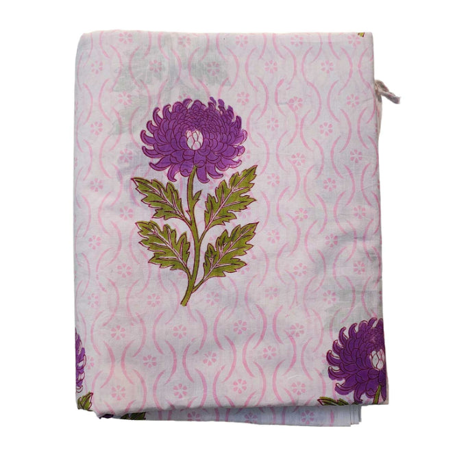 Sanganeri Hand Block Print Cotton Fabric – White Purple Floral Print
