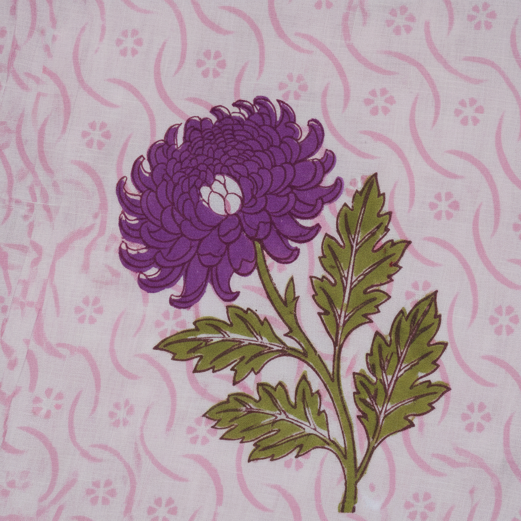 Sanganeri Hand Block Print Cotton Fabric – White Purple Floral Print