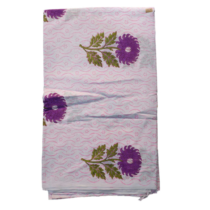 Handmade Bagru Print Textile –  White Purple Floral Print Cotton Material