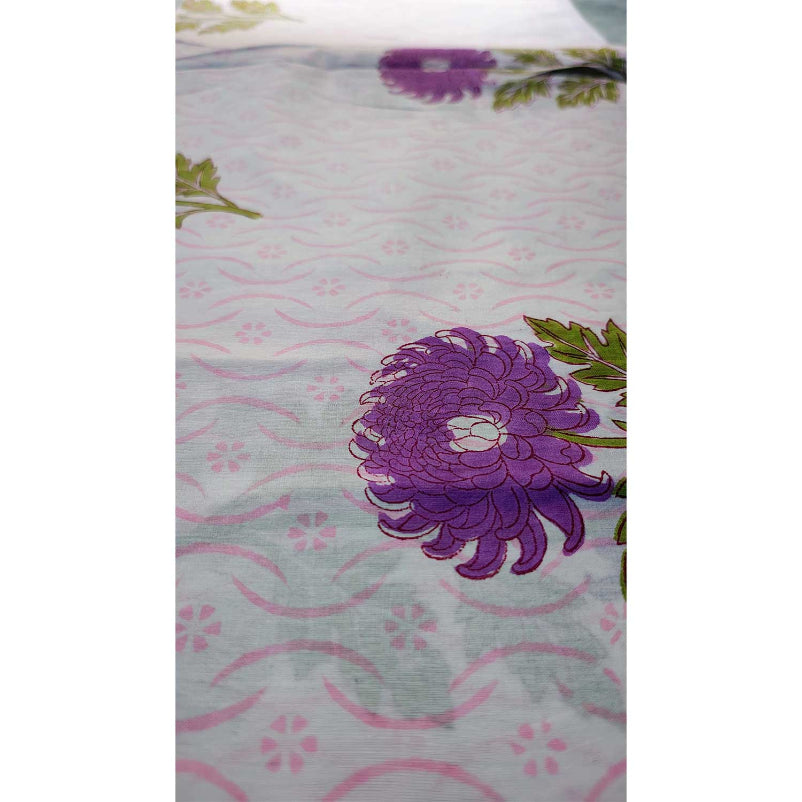 Handmade Bagru Print Textile –  White Purple Floral Print Cotton Material