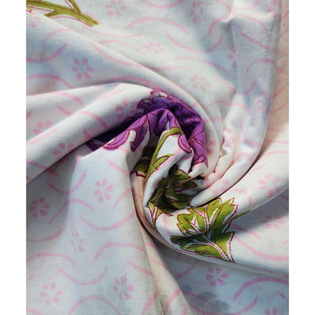 Sanganeri Hand Block Print Cotton Fabric – White Purple Floral Print