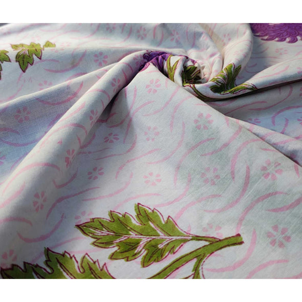 Sanganeri Hand Block Print Cotton Fabric – White Purple Floral Print