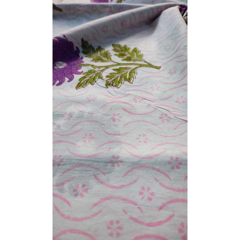 Sanganeri Hand Block Print Cotton Fabric – White Purple Floral Print
