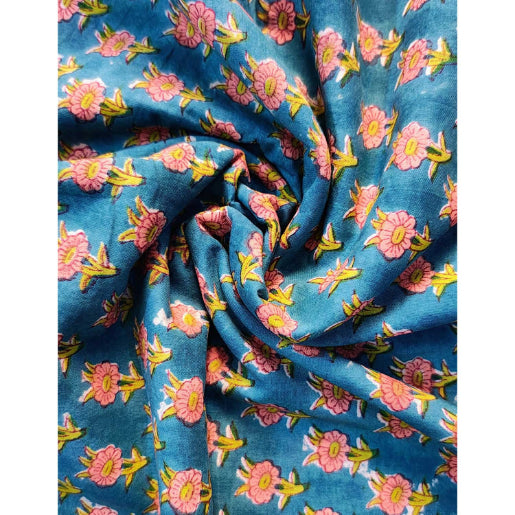 Handmade Bagru Print Textile –  Green Floral Print Cotton Material